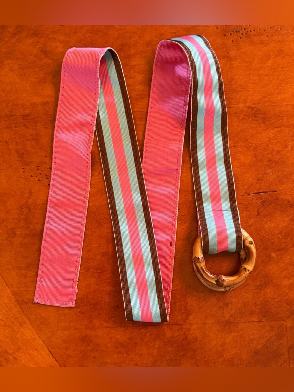 Striped Fabric Ribbon Belt with Double Bamboo O-Ring Buckle